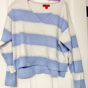 Jennifer Lopez cropped Blue and White Striped V-Neck Sweater